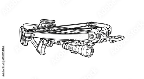 Modern Crossbow with Tactical Light and Scope - Line Art Illustration