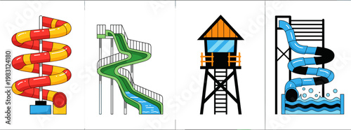 Colorful playground slides and mountain landscape icon set with water slide towers outdoor recreation elements flat illustration collection