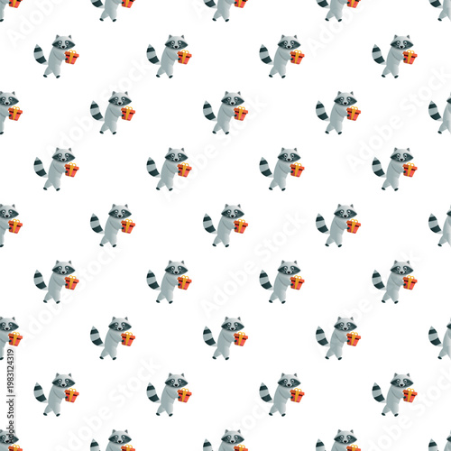 Raccoon cartoon character holding an orange gift box, creating a repeat pattern