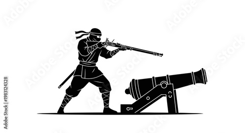 Ninja Warrior Aiming Antique Cannon with Musket, Historical Combat Concept