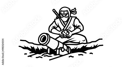 Ninja Warrior with Cannon, Stealth Attack, Martial Arts, Ancient Weapon, Combat Readiness