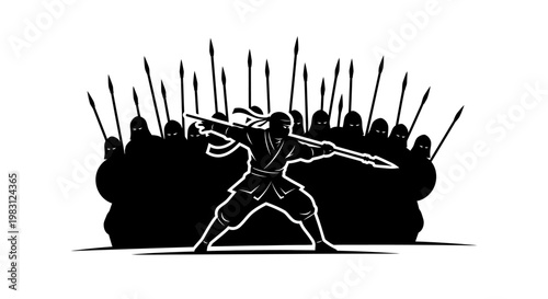 Ninja Warrior with Spear Leading Army of Silhouetted Warriors