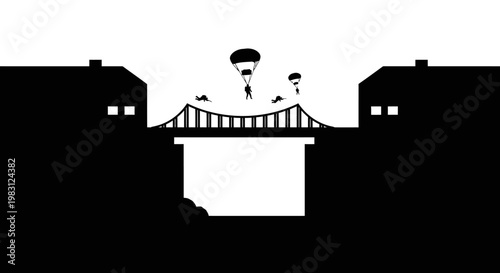 Parachuting Over Bridge Gap, Silhouette Figures Descending, Urban Landscape