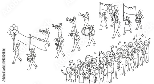 Parade Celebration: Marching Band, Flags, Balloons, Crowd Cheering