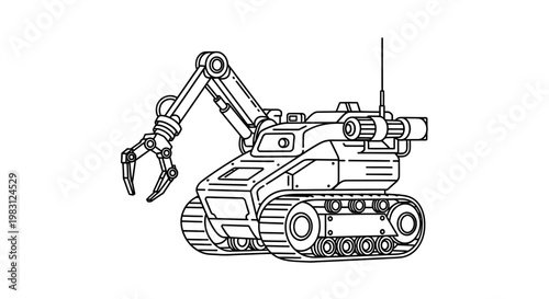 Robotic Arm Excavator on Tracks, Industrial Machine, Vector Line Art