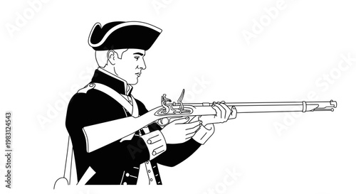 Revolutionary War Soldier Aiming Flintlock Musket, Historical Reenactment