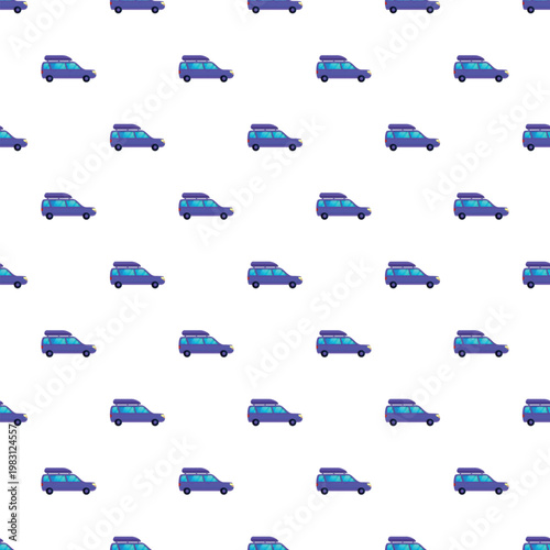 Seamless pattern featuring stylized purple minivans with blue rooftop cargo boxes on a white background