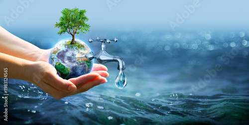 Earth Day - Hands Holding Earth with Faucet And Drop Water In Blue Sea With Defocused Lights - Ocean Environment Concept - Contain 3d Rendering - elements of this images furnished by NASA