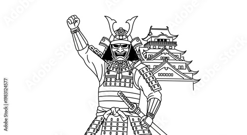 Samurai Warrior in Armor with Raised Fist and Japanese Castle Illustration