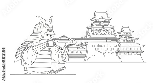 Samurai Warrior with Sword and Japanese Castle Illustration