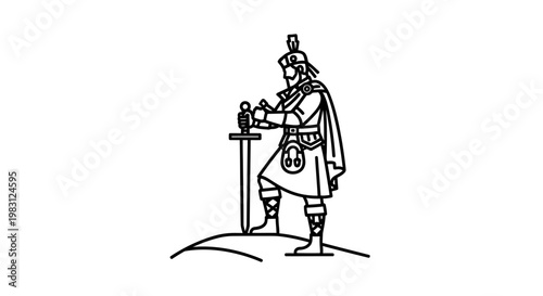 Scottish Warrior Standing on Hill with Sword, Celtic Kilt and Helmet, Line Art
