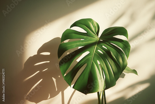 A large, vibrant green Monstera leaf with natural holes and splits, casting intricate shadows on a light-colored wall.