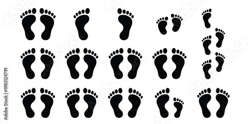 Human footprint silhouette collection, black bare feet icons set, walking trail and footstep vector elements for forensic or medical design