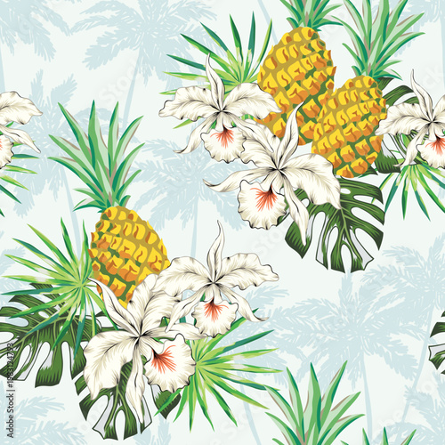 Tropical pineapples, orchid flowers, palm leaves, palm trees silhouettes, light background. Seamless pattern. Vector illustration. Exotic plants, fruits. Summer beach design. Paradise nature