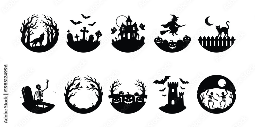 Obraz premium Halloween silhouette icons set, spooky holiday vector elements with haunted house and graveyard, black circular spooky scene illustrations for party decor