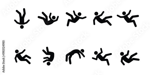 Falling person stick figure icons, set of 10 black vector silhouettes of people tumbling and dropping, safety and accident warning symbols