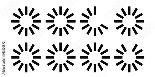 Minimalist loading icons set, black circular progress bars for web interface, 8 vector buffering symbols for digital app design