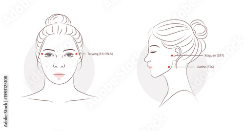 Facial pressure points for jaw tension relief at temples, jaw muscle and jaw joint