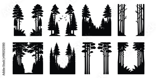 Pine forest silhouette collection, 8 black evergreen tree border elements, coniferous woodland frames for nature branding and outdoor logos