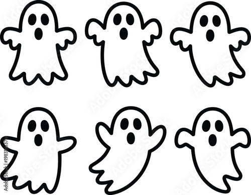 Six cartoonstyle cute ghosts with black outlines and eyes arranged in two rows on a white background