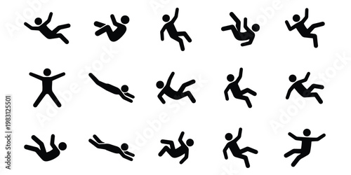 Falling person stick figure icons, set of 15 black vector silhouettes, people in motion falling and jumping, accident and failure concept symbols