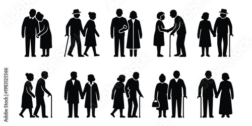 Elderly couple silhouette icons set, senior citizens walking and holding hands, 10 vector pictograms of retired people with walking sticks
