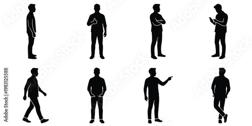 Minimalist man silhouette set, black male figure vector icons in various poses, standing and walking person silhouettes for architectural visualization