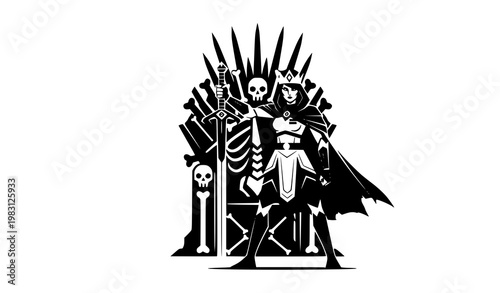 Standing queen slayer with sword and skeleton throne flat black and white vector icon