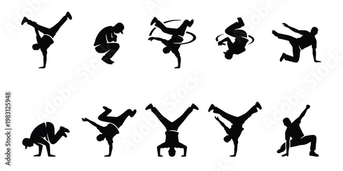 Breakdance silhouette collection of 10 vector elements, hip hop street dancers performing acrobatic moves, urban b-boy dance poses and handstands