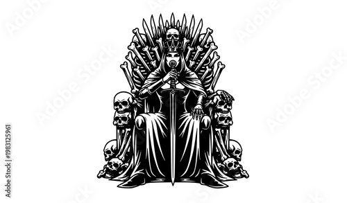 Queen slayer sitting on skeleton throne with sword black and white fantasy vector illustration