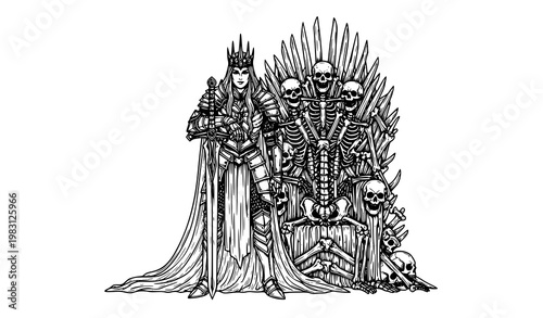 Detailed line art queen slayer with skeleton throne and sword black and white vector illustration