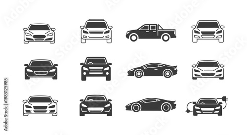 Collection of Diverse Car Silhouettes and Frontal Views.