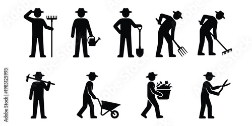 Gardening silhouette icons set of 9 farmer characters. Agricultural worker pictograms with garden tools. Farmer man with shovel, rake, and wheelbarrow.