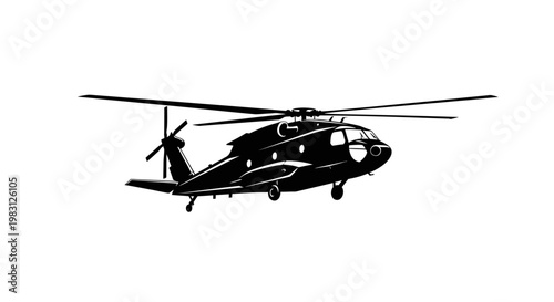 Silhouette of a modern heavy-lift helicopter in flight against a white background