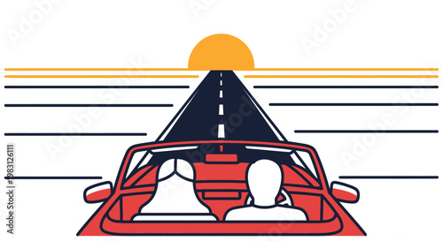 Couple driving convertible towards sunset on open road.