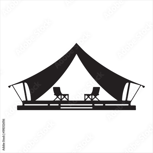 Clean silhouette of a luxury glamping tent with porch vector art illustration