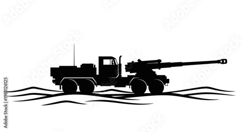 Silhouette of a Self-Propelled Howitzer on a Truck Chassis in a Field