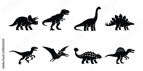 Dinosaur silhouette icons set, prehistoric animal vector collection, black t-rex and triceratops shapes, 8 jurassic creature graphics for logos