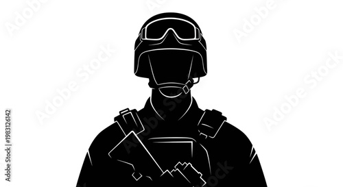 Silhouette of a Soldier in Tactical Gear with Helmet and Goggles, Black and White