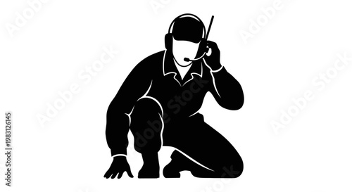 Silhouette of a soldier in tactical gear with headset and radio, crouching in action pose.
