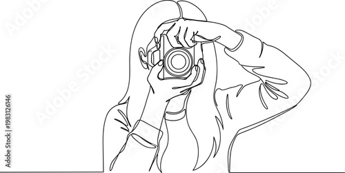 Continuous Line Art Woman Photographer – Female Taking Photo with Camera, Content Creator One Line Drawing Vector Illustration