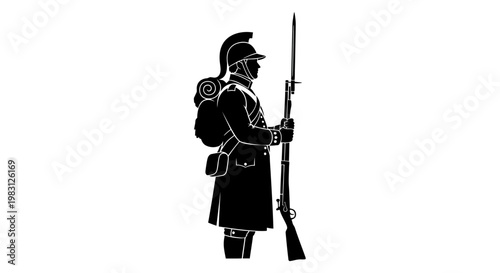 Silhouette of a soldier in uniform with a rifle and backpack, historical reenactment