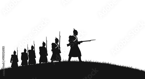 Silhouette of ancient soldiers marching on a hill with rifles