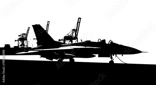 Silhouette of Fighter Jet on Aircraft Carrier with Cranes at Port