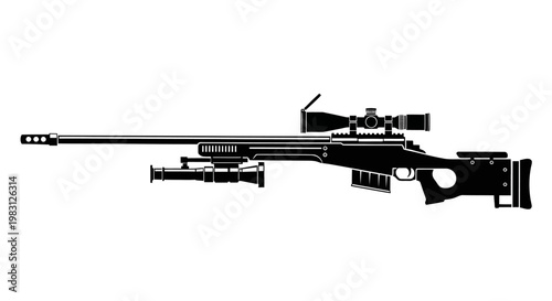 Sniper Rifle Silhouette with Scope and Bipod, Military Weapon Icon