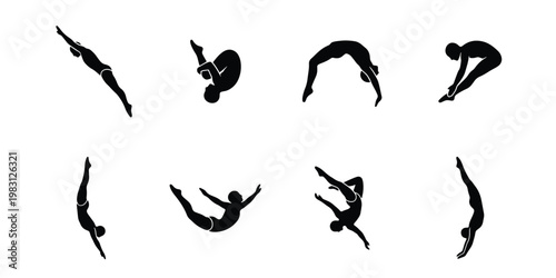 Professional diving silhouettes set, 8 athlete vector icons in mid-air poses, competitive swimming and high dive performance graphics
