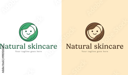 minimalist skincare logo, Organic Natural Skincare Logo Design, Aesthetic Female Face with Leaf Icon for Beauty and Wellness Brand, Minimalist Botanical Cosmetics Vector Illustration
