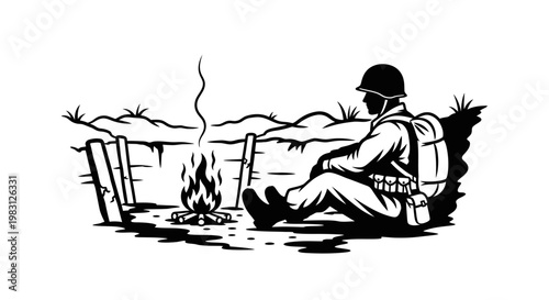 Soldier Resting by Campfire in Trench, War Scene, Vintage Style