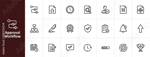 Approval Workflow and Business Process Line Icon Set - Minimalist Decision Making and Automation Vector Illustrations
