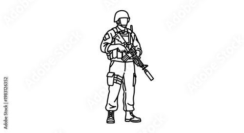 Soldier standing with rifle, military uniform, tactical gear, helmet, outline illustration